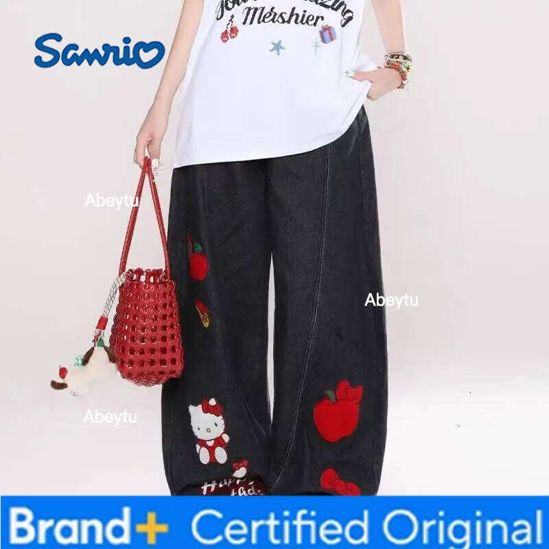 Sanrio Hello Kitty Spring Autumn Girl Jeans Cartoon Embroidery Fashion Wide-Leg Mid-Rise Retro Loose Flared Pants Birthday Gift H260206