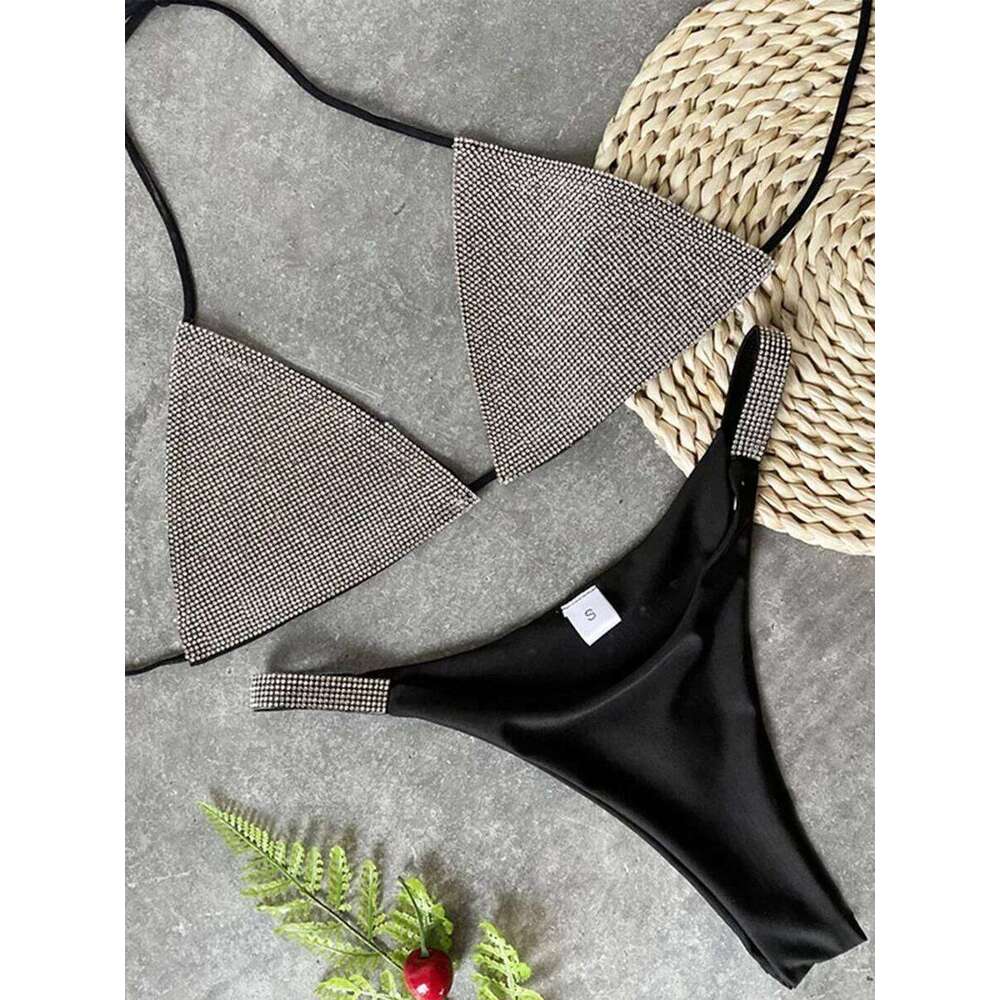Shiny Sequins Diamond Micro 2025 Women Swimsuit Female Halter Swimwear Two Pieces Bikini Set Brazilian Bathing Suit Swim XJ260206
