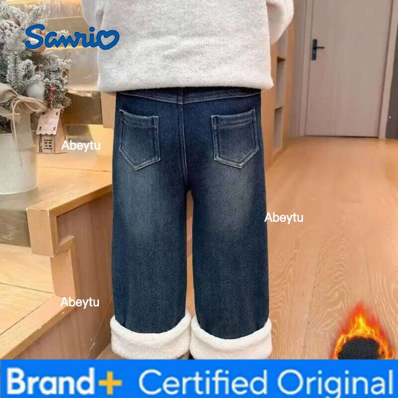 Sanrio Hello Kitty Jeans Warm Thickened Girls Children Baby Long Pants Autumn Winter New Casual Trousers Stylish Straight Leg H260206