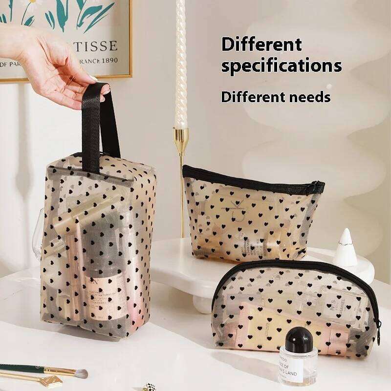 Heart Transparent Mesh Makeup Bag Multifunction Portable Women Cosmetic Storage Pouch Ladies Toiletry Lipstick Organizer Bags Y260206