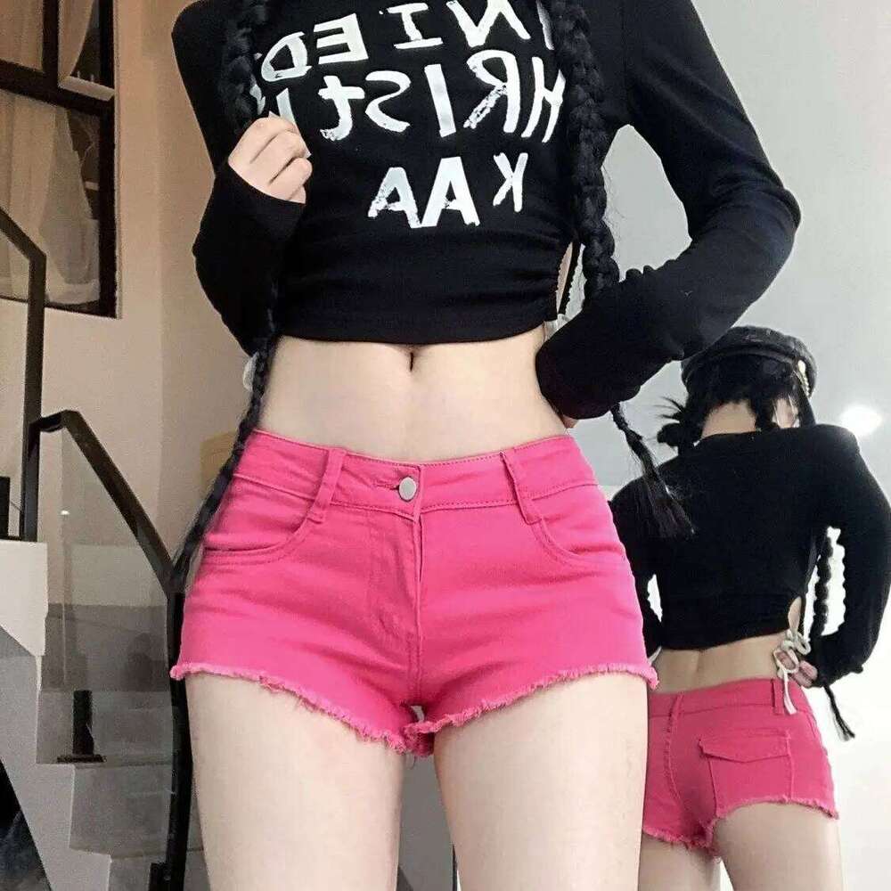 rose red sexy denim super short women's low waist slim tight jeans y2k shorts hot pants C260206