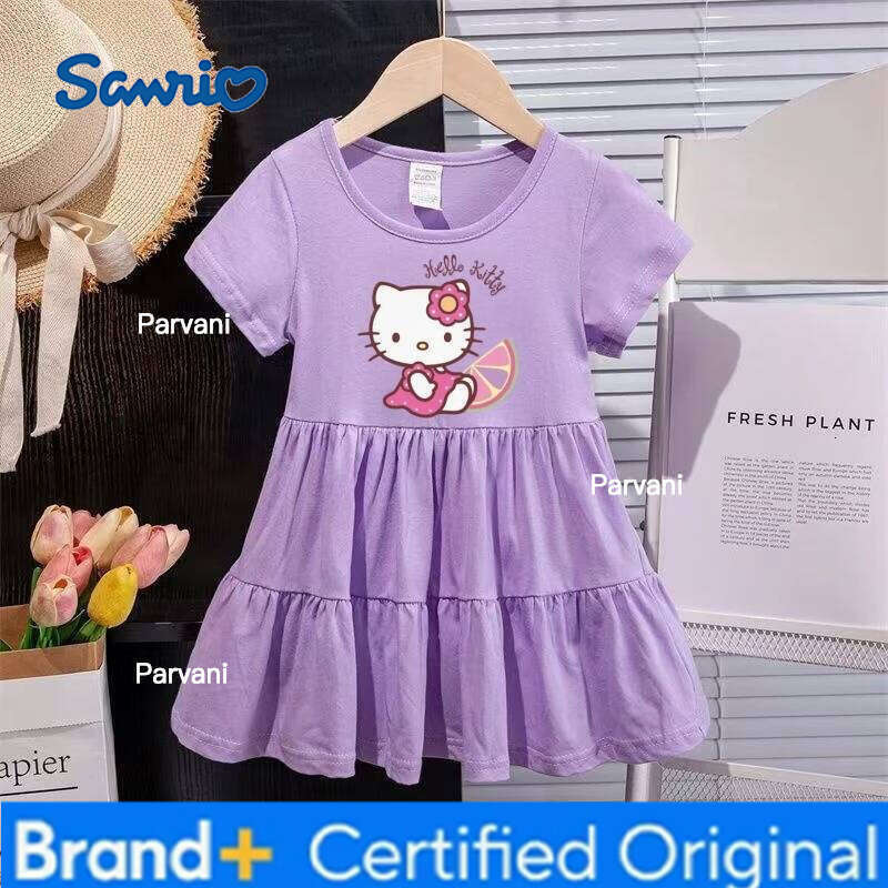 Sanrio Summer Baby Girls Solid Cotton Dress Kid Children Hello Kitty Printed Short Sleeve Clothes Cartoon Cute Princess Dresses H260206 - view 3