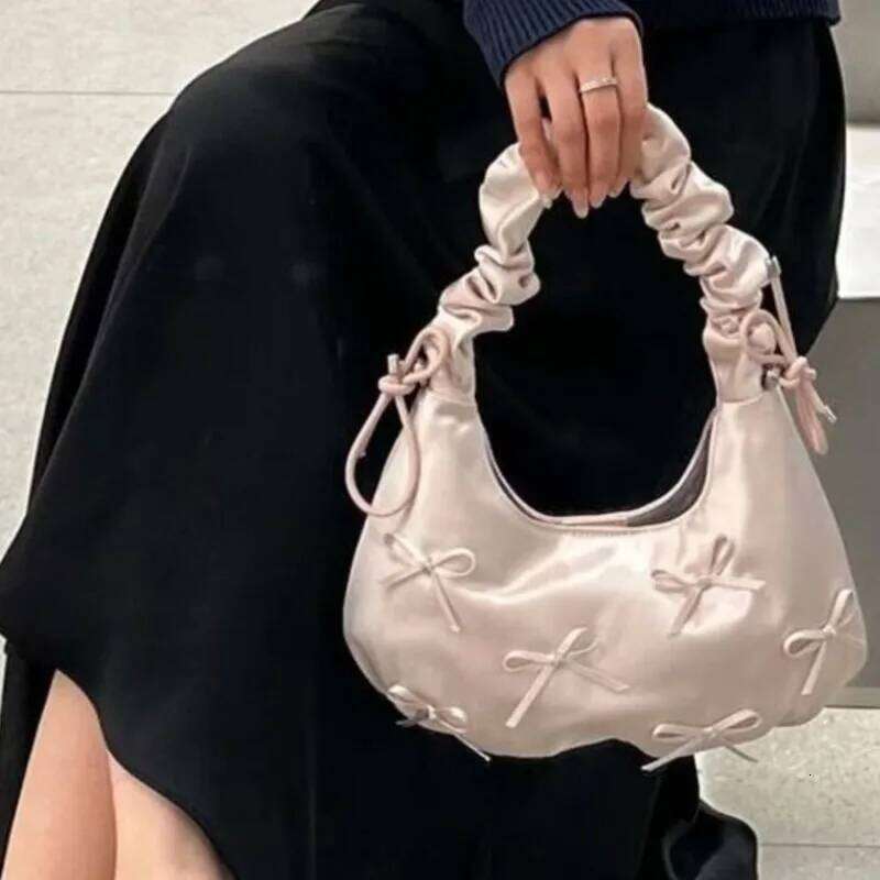 Sweet Cute Bow Handbag Women Pleated Satin Fabric Single Shoulder Ladies Ballet Style Elegant Pink Harajuku Underarm Bag New Y260205
