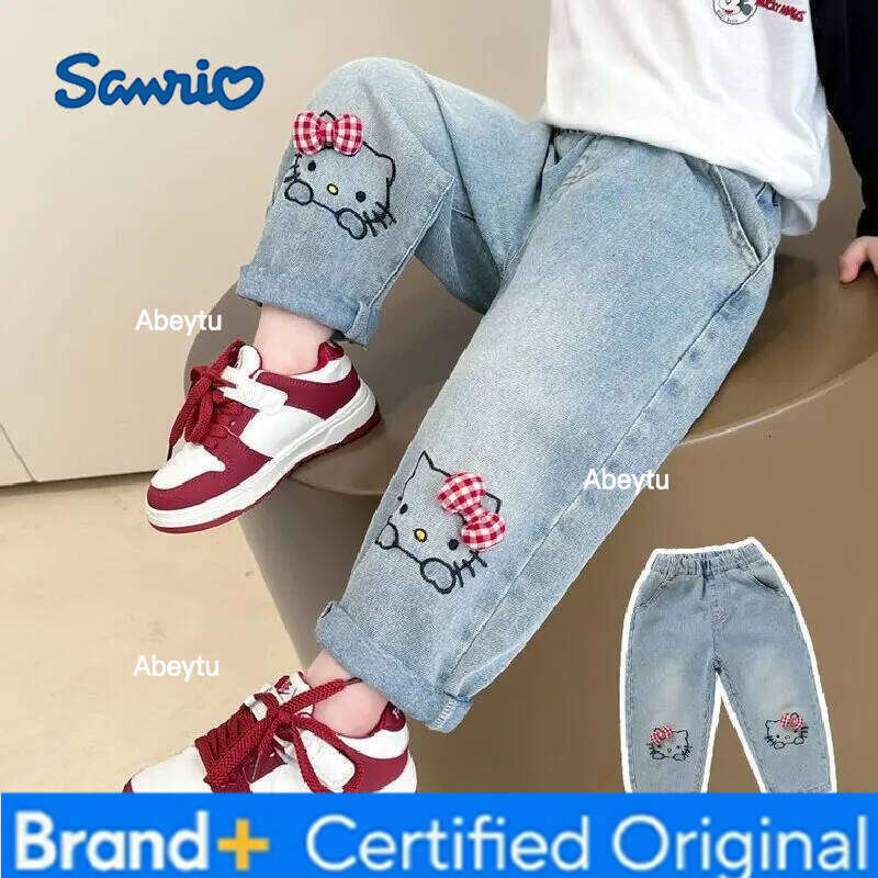 Sanrio Spring Autumn Girls Denim Pants Fashion Cartoon Hello Kitty Loose Straight Casual Trousers For 2-8 Years Kids Children Clothes H260206