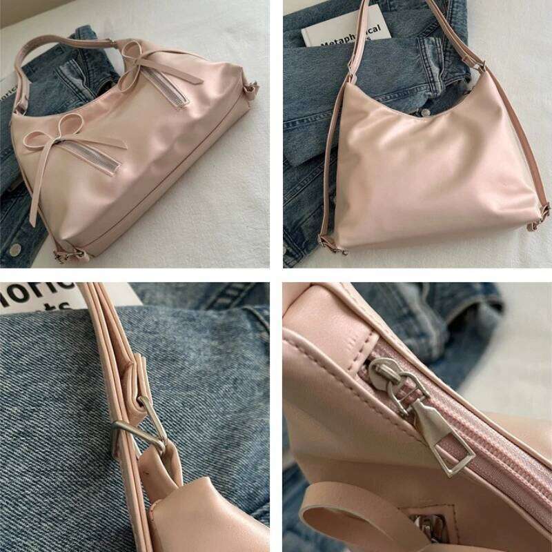 Fashion Bow Design Women's Shoulder Hobos Bags Casual Soft Pu Ladies Backpack Handbags Simple Solid Color Girls Underarm Tote Y260205