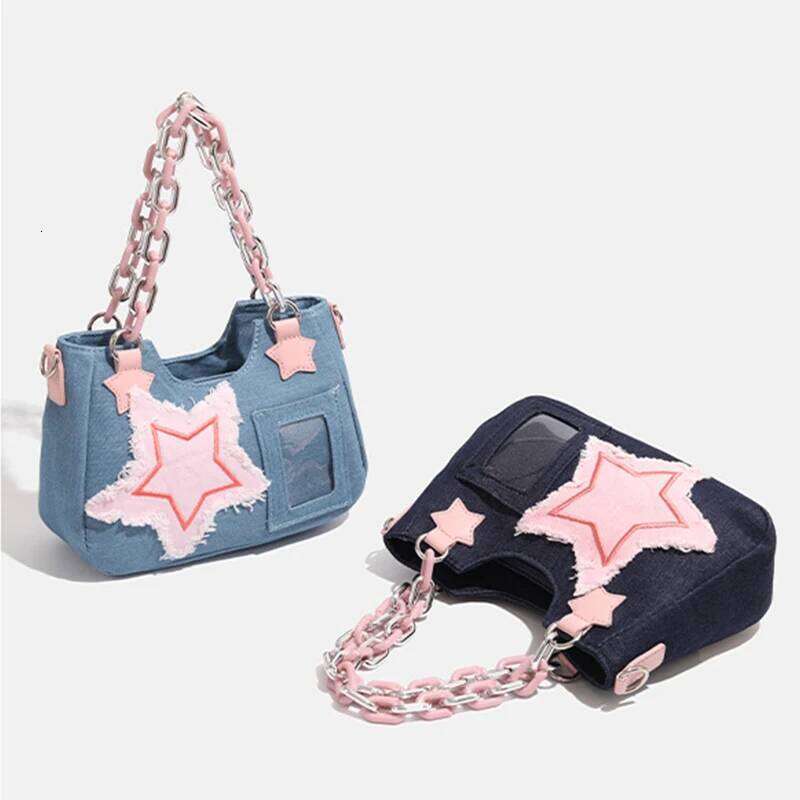 Y2K Vintage Korean Fashion Shoulder Underarm Harajuku Star Tote Denim Bag Chain Ladies Bags Zip Purses Handbags Women Y260205