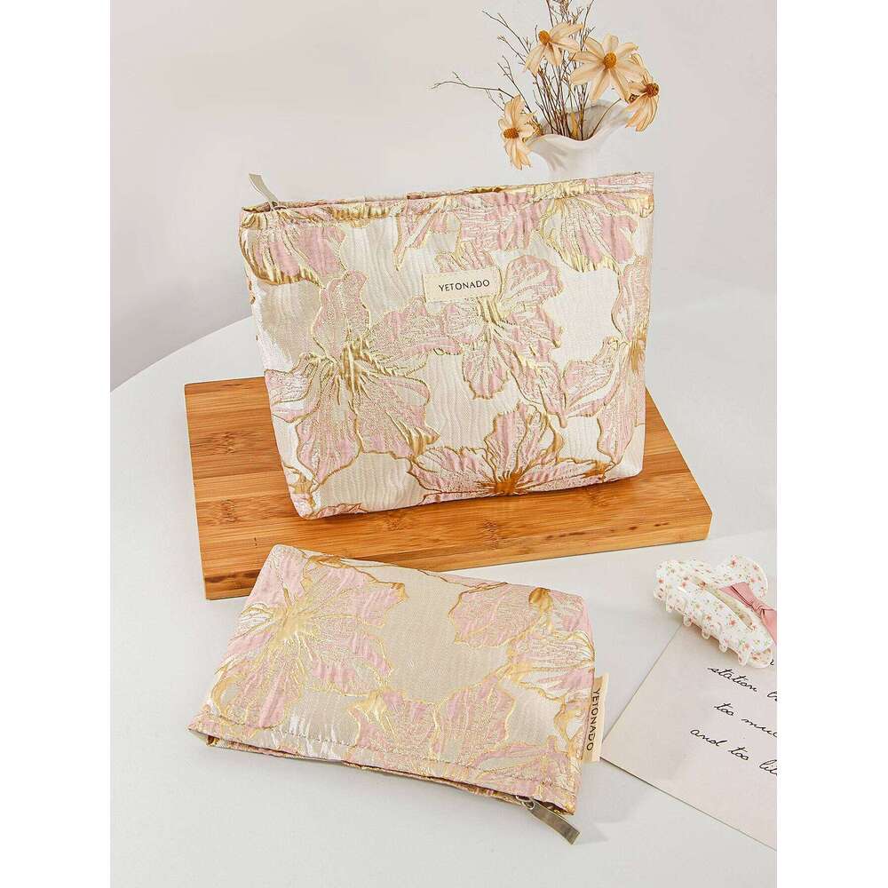 1pc/set Gold flower cute travel toiletries clutch bag, portable makeup bag Y260206