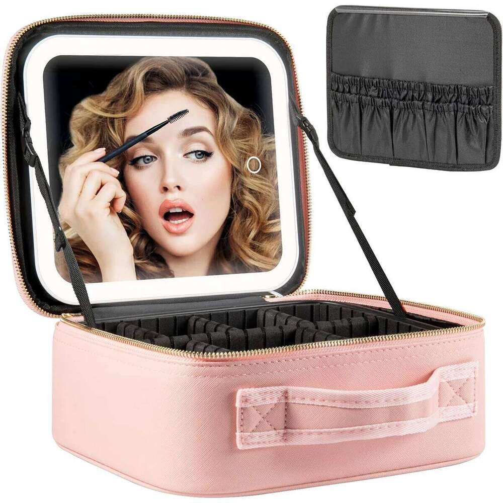 Makeup Bag LED Mirror Travel Large Train Case Cosmetic Organizer Make Up Bags with 3 Color Lights and Adjustable Dividers Y260206