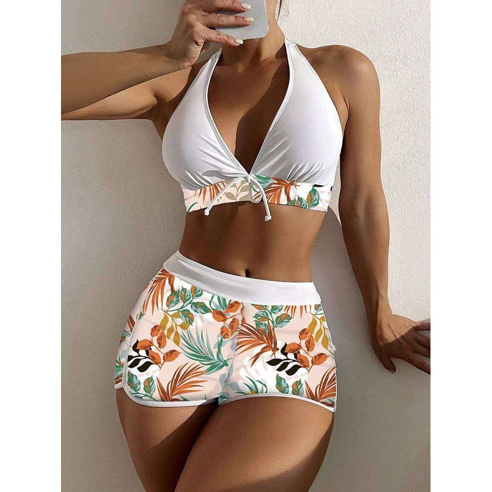 6 Colors Halter Bikini Set 2025 Women Sexy Floral Print High Waisted Swimwear With Boxer Shorts Hot Selling Beach Bathing Suit Z260206