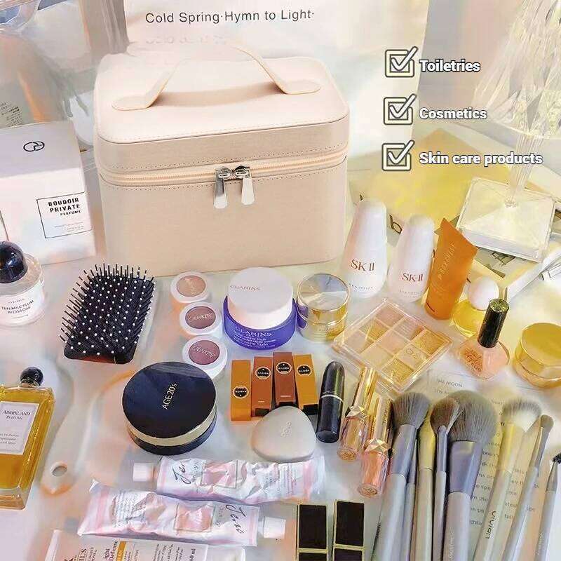 Large capacity Ins style bag, portable travel handheld case, simple with mirror makeup storage bag Y260206