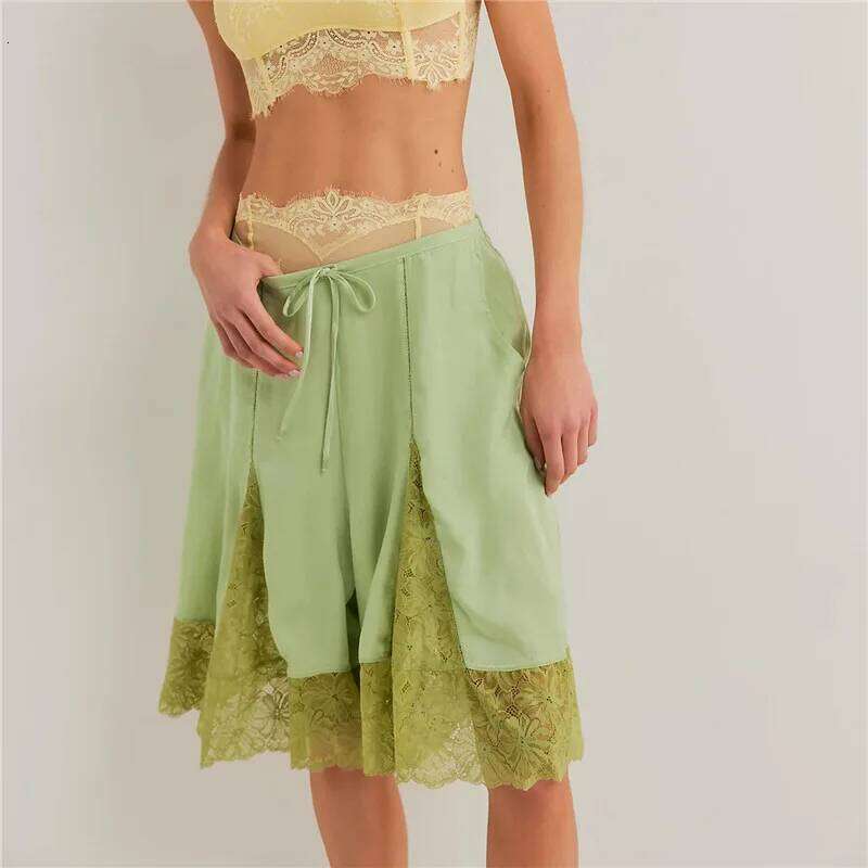 Women Lace Trim Shorts Y2k Satin Low Rise Half Slip Pajamas Cute Bow Coquette Pettipants Bloomers Patchwork Lounge Midi Pants XJ260206