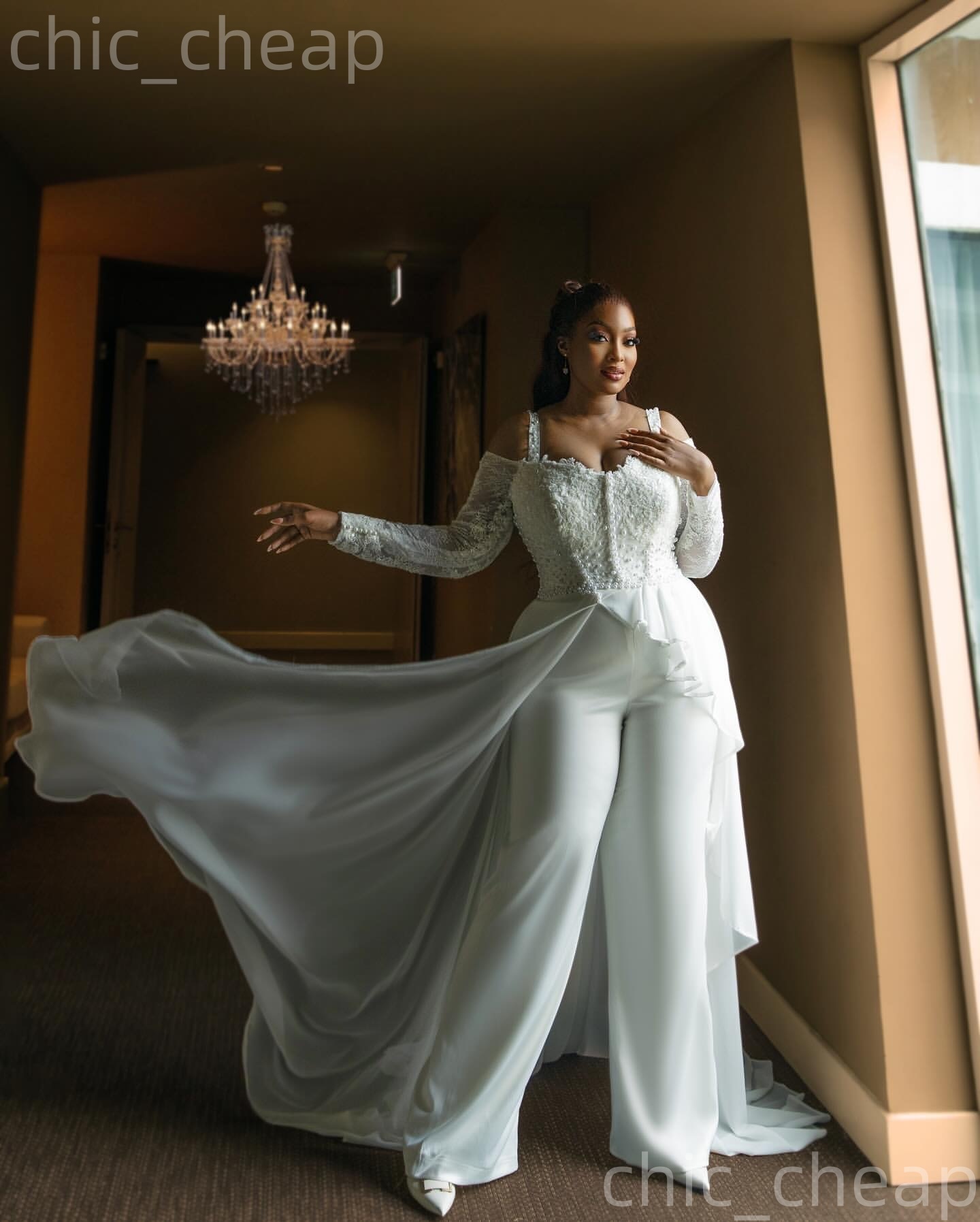 African Aso Ebi 2026 White A-line Jumpsuits Wedding Dress Spaghetti Lace Full Sleeves Chiffon Vintage Bridal Gowns Dresses ZJ233w