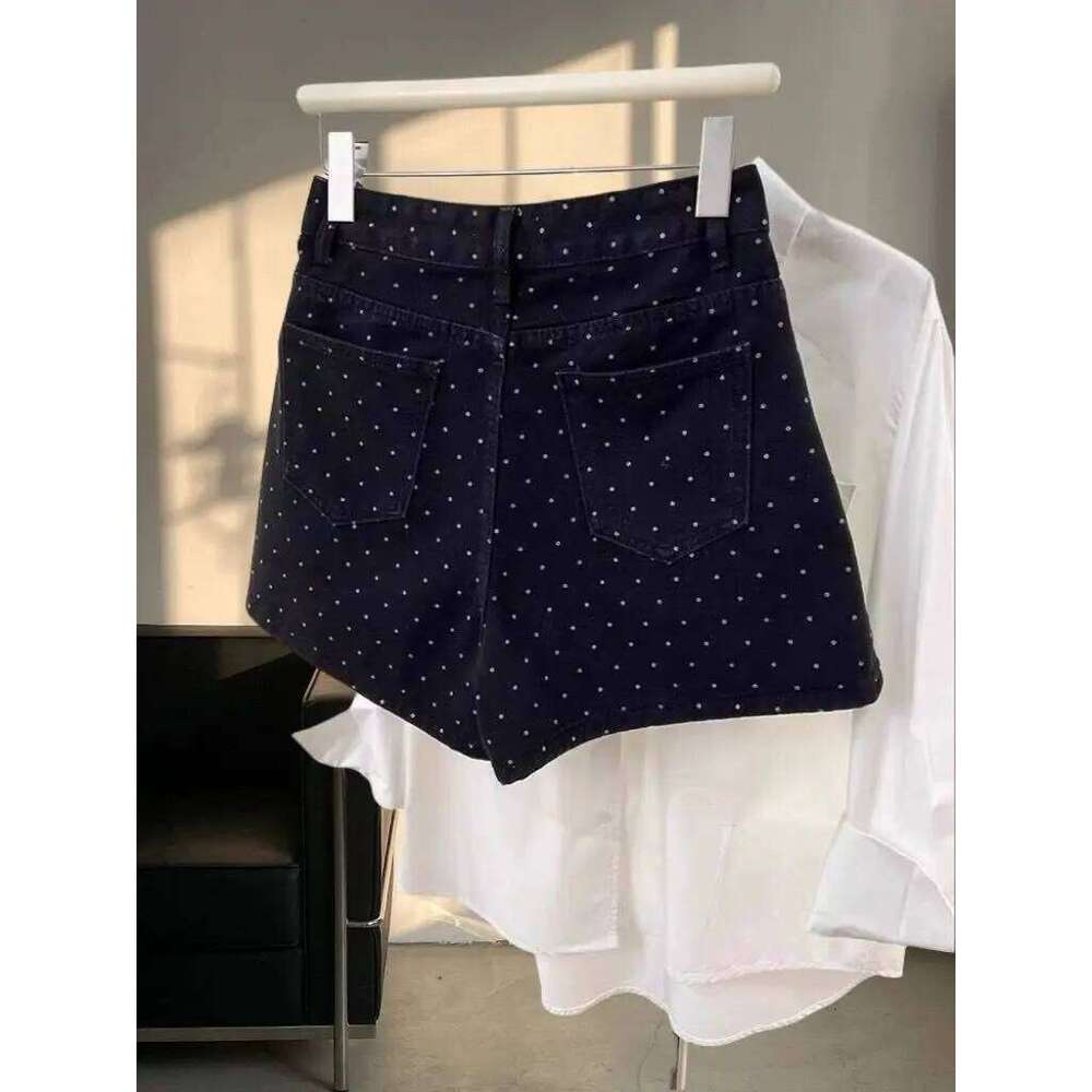 Black Polka Dot Denim Shorts Female Girl with High Waist Slimming Wide Legs A-line Hip Hot Pants XJ260206