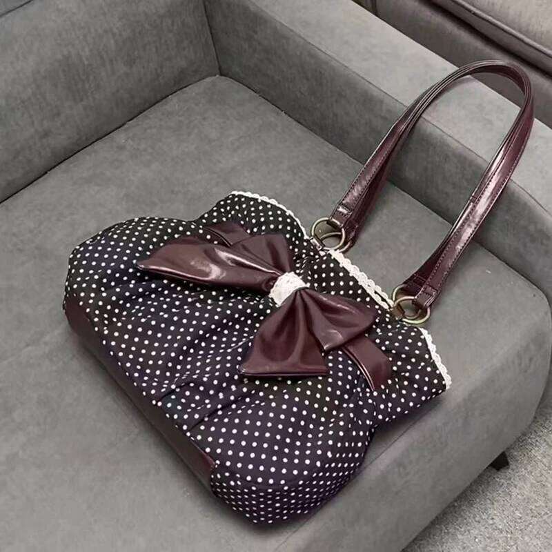 Bow Tote Women, Polka Dot Pattern With Ruffled Trim, Chic Spacious Shoulder Bag For Commute & Daily Use Y260205