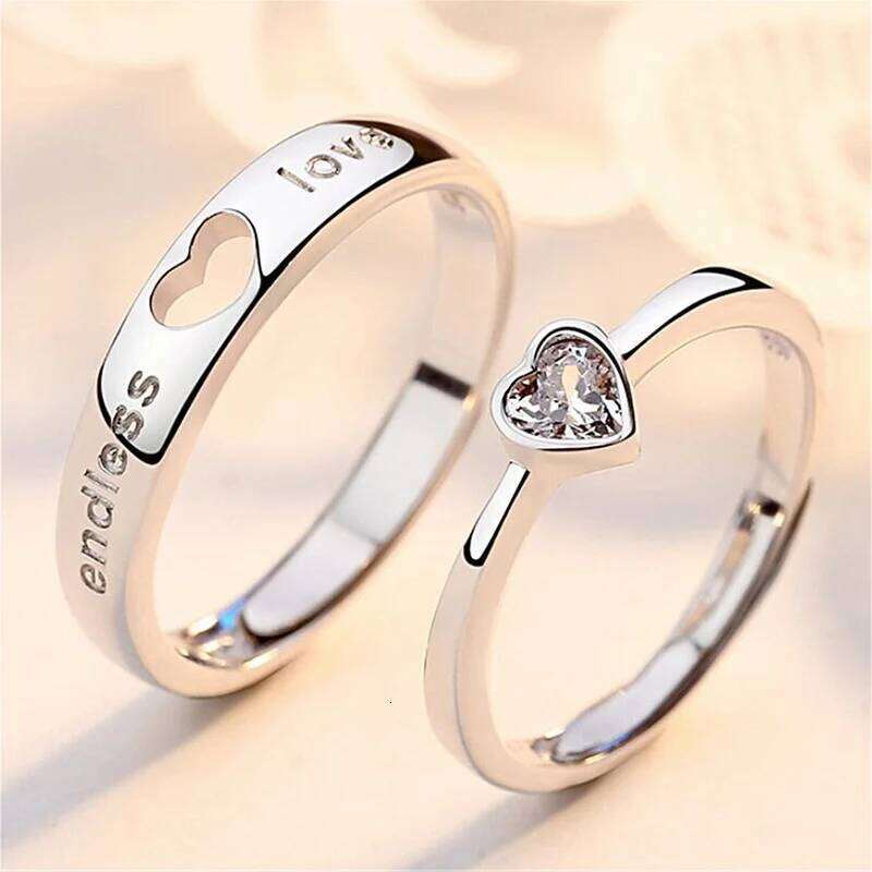 2Pcs Zircon Heart Matching Couple For Women Men Endless Love Forever Wedding Finger Ring Lover Valentine's Day Jewelry Gift W260206