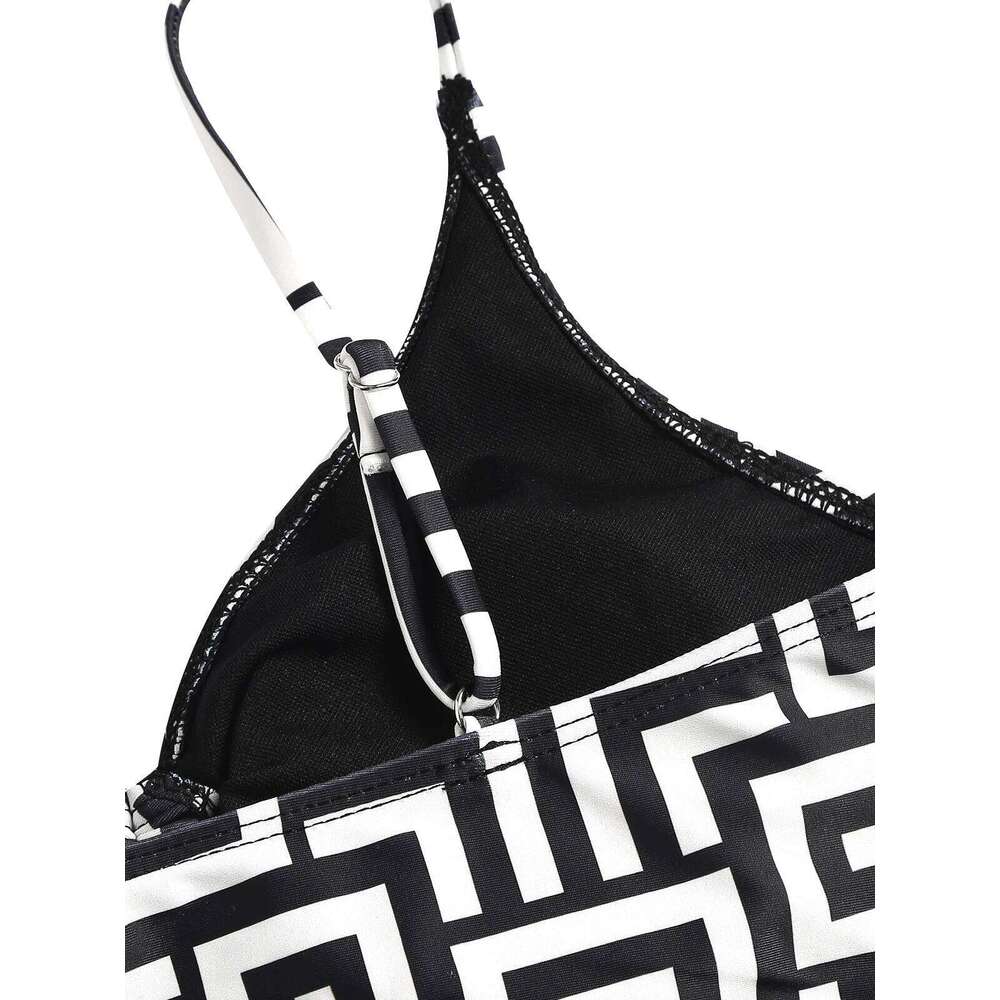 Women's Summer Geometric Print Three-Piece Swimsuit Set Long Sleeve Beach Cover-Up, Polyester Knit Fabric with Elasta Z260206