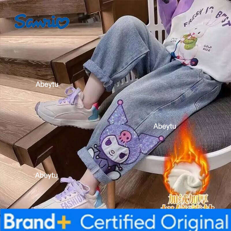 Sanrio Hello Kitty Kuromi Jeans Fleece-Lined Thickened Warm Cartoon New for Girls Baby Children Winter Fashionable Denim Pants H260206