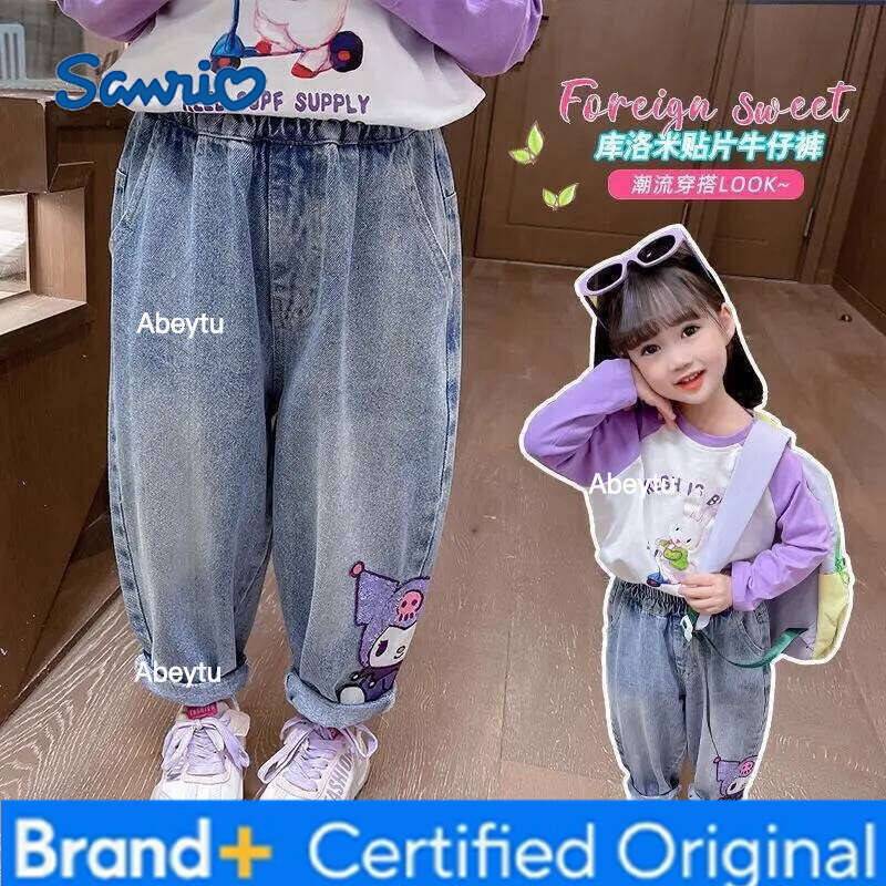 Sanrio Anime Girl Spring and Autumn Cartoon Cute Glitter Kuromi Fashion Baby Sweet Cool Soft Jeans Children's loose casual jeans H260206