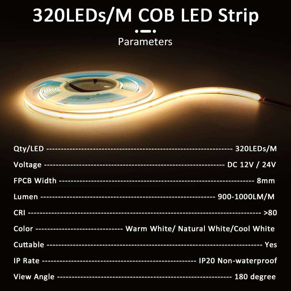 5M 10M COB Strip Lights DC 12V 24V 320 Diodes FCOB Flexible LED Bar Tape Ribbon Linear Dimmable for Room Decor Z260206