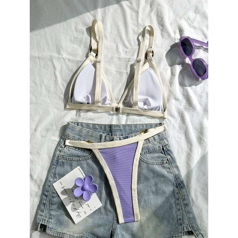 Sexy Khaki Patchwork Micro Bikini 2026 Women Brazilian Push Up Bra Metal Circle Thong Swimsuit Bathing Suit Holiday Swimwear XJ260206