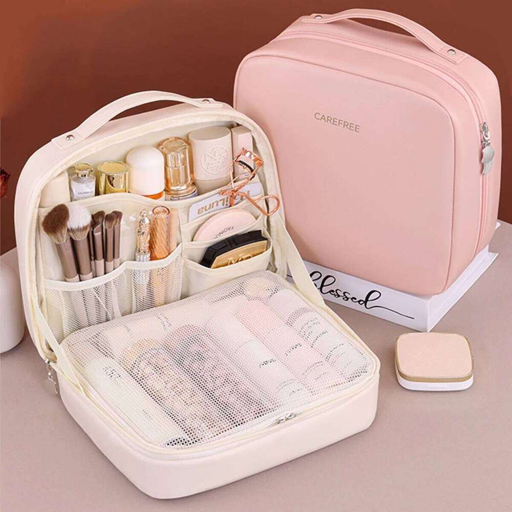 Bag For Women PU Multi Pocket Cosmetic Organizer Portable Double Zipper Travel Makeup Brush Toiletries Storage Bags Y260206