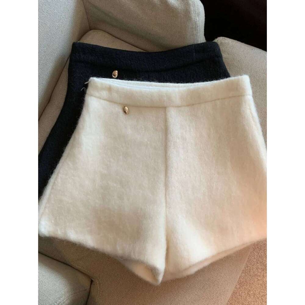 High Waist Woolen for Women Y2K Streetwear Autumn Winter Casual Thick Wide Leg Shorts Fashion Zipper Warm Boot Pants H260206