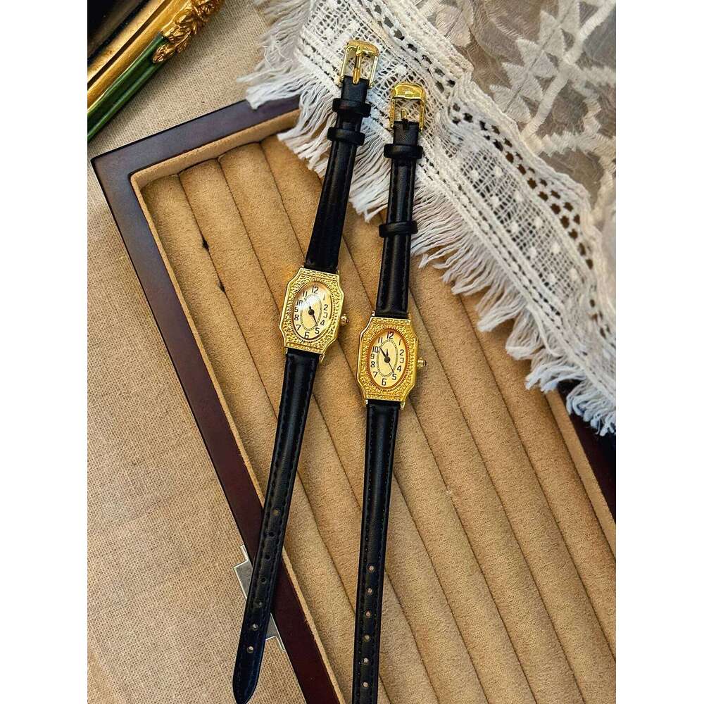 1 Piece of New Gold-Colored French Classic Retro-Style High-End Elegant Delicate Women's Quartz Watch Pu Leather Strap, Rectangular Engraved Dial