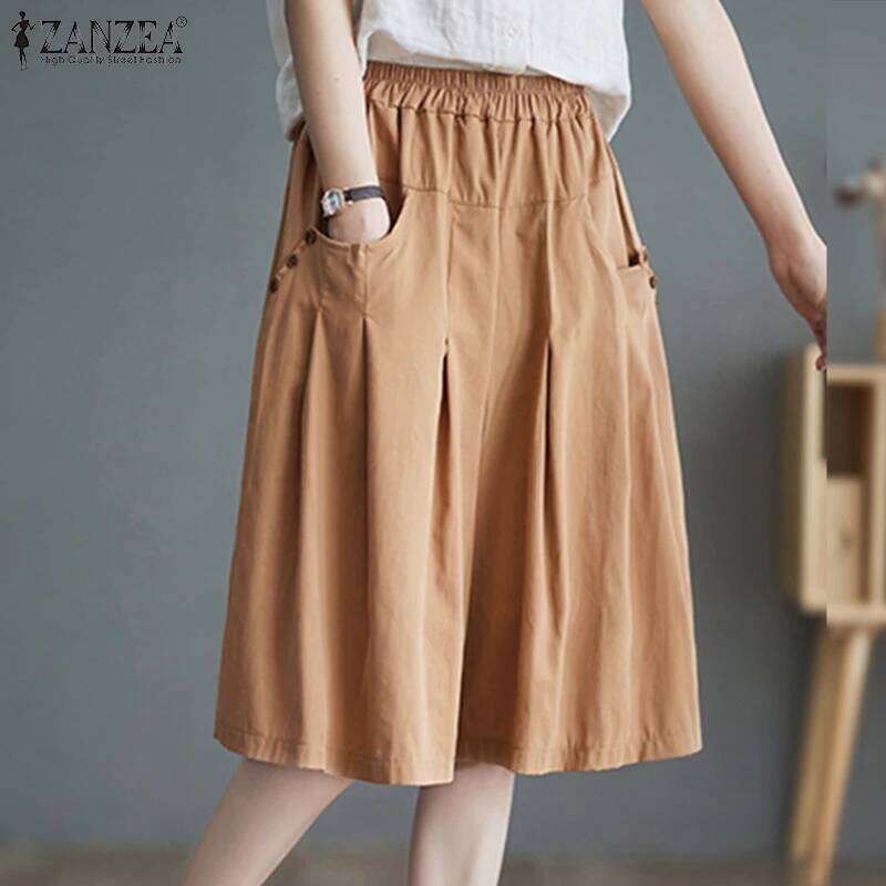 ZANZEA 2025 Summer Women Solid Half Shorts Fashion Elastic Waisted Button Short Pants Casual Pocket Overalls Korean Bottoms XJ260206