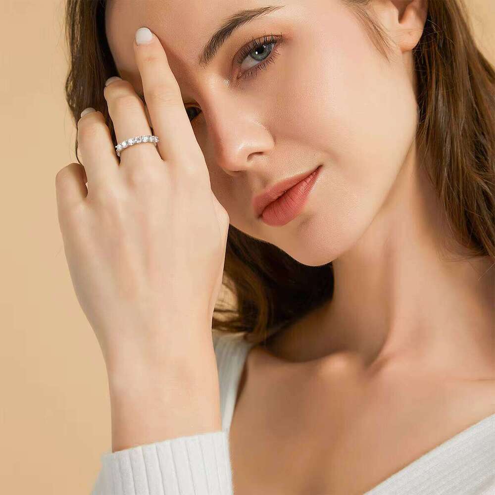 OAHLAN Romantic Fine Jewelry 0.7Ct Round Cut Vvs1 925 Sterling Silver Eternity Moissanite Ring Promise Wedding Band For Women
