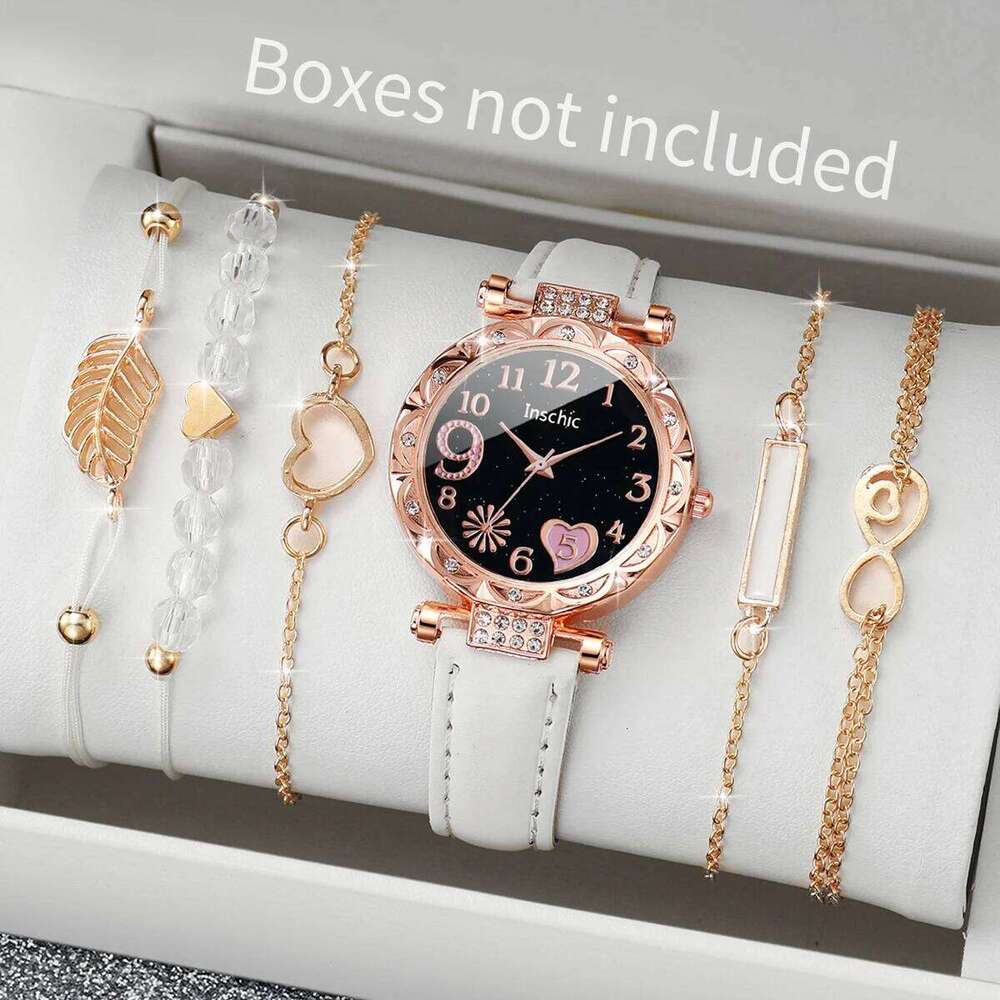 6PCS/Set Women Watches Fashion Rhinestone Heart Dial Quartz Watch Leather Band Wristwatches Bracelets SetWithout Box Z260206