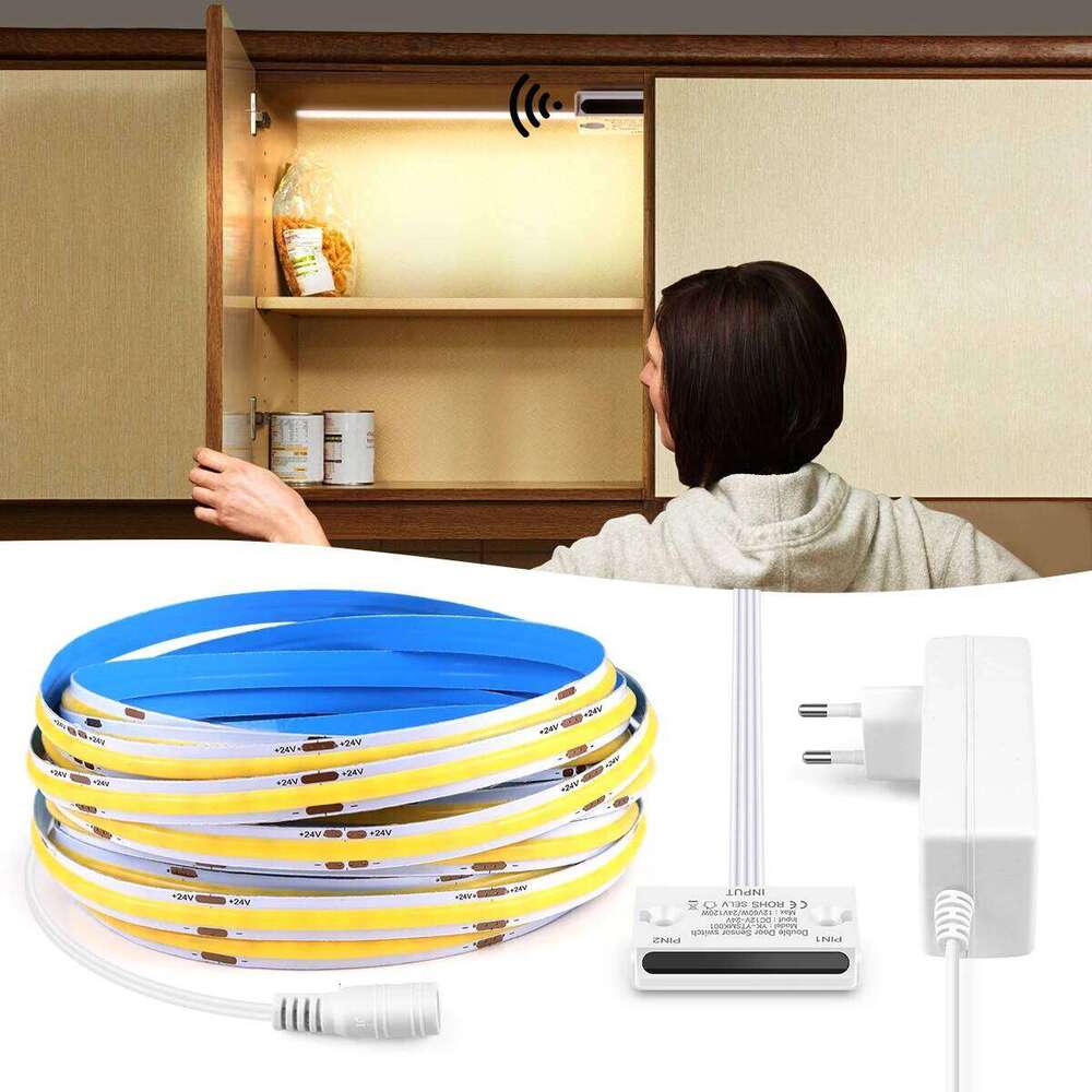 Cabinet Door Motion Sensor LED Strip Light 24V COB,2M/5M/10M Cuttable, for Kitchen Cabinet/Wardrobe/Shelf Lighting, EU/US Plug Z260206