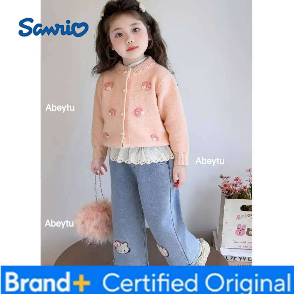 Sanrio Hello Kitty Girls' New Fashionable Fleece-Lined and Thickened Winter Blue Straight Leg Jeans Cute Cat Embroidery H260206