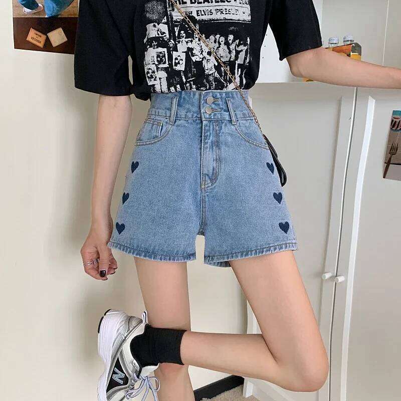 Denim Shorts Women Loose High Waist Sweetheart Embroidery Design Lovely Students Casual Wide Leg Fashion Korean Harajuku Vintage H260206
