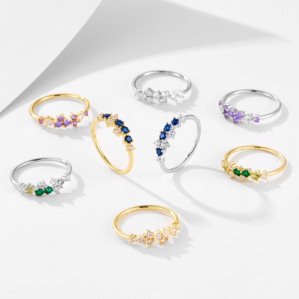 New simple Japanese-style light luxury ins multi-color diamond sterling silver for women, popular , fresh and versatile ring