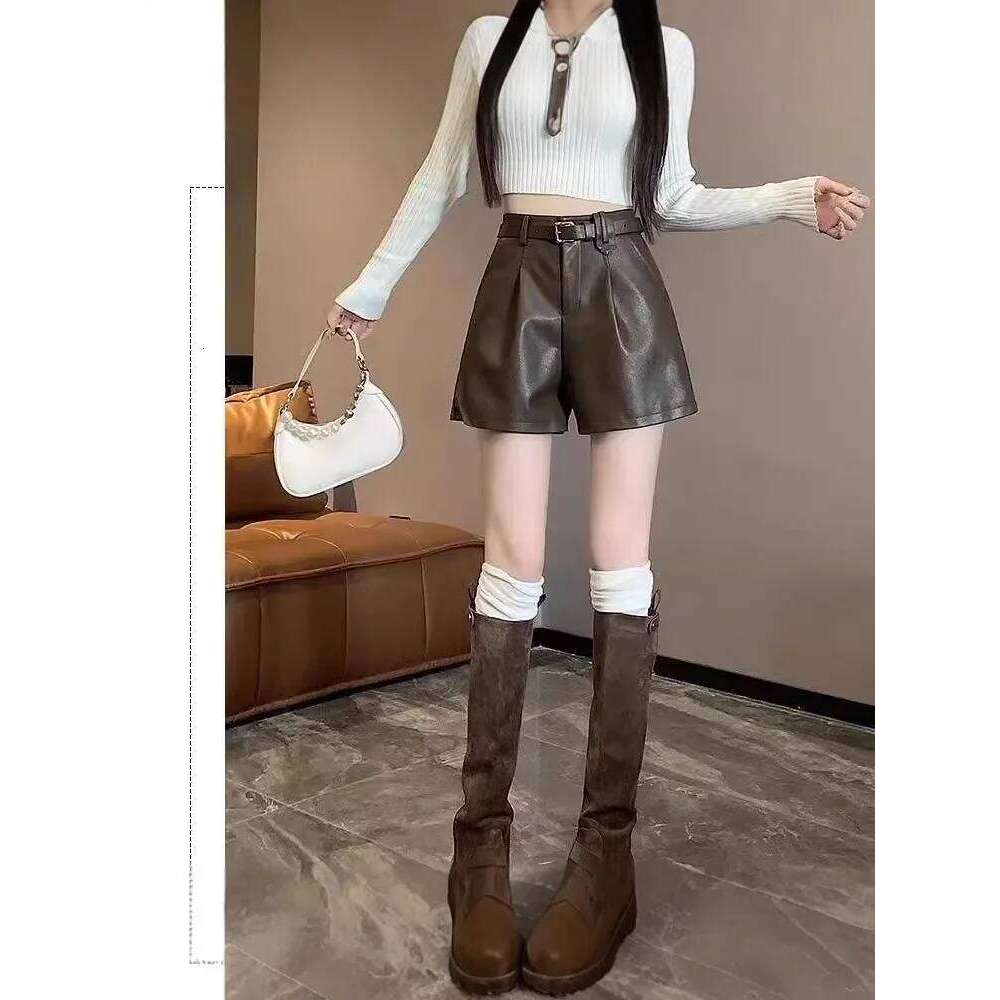 Autumn Winter PU Leather Wide Leg Short Women's High Waist Slimming Design Casual Loose Base Layer Bootcut Pants XJ260206