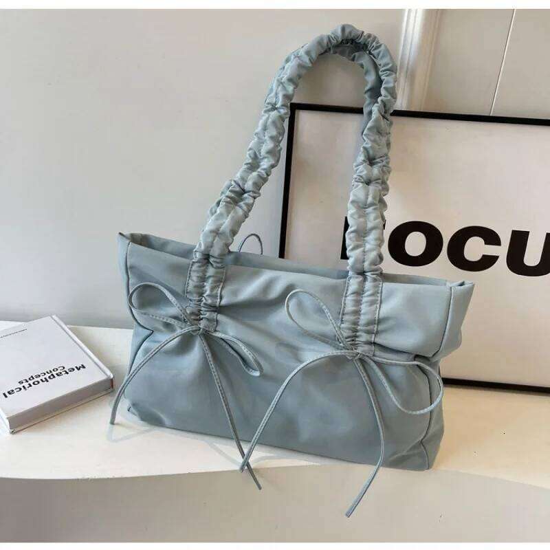 2026 New Korean Bow Fabric Shoulder Fashionable and Sweet Design Tote Bag Folded Large Capacity Commuter Women's Handbag Y260205