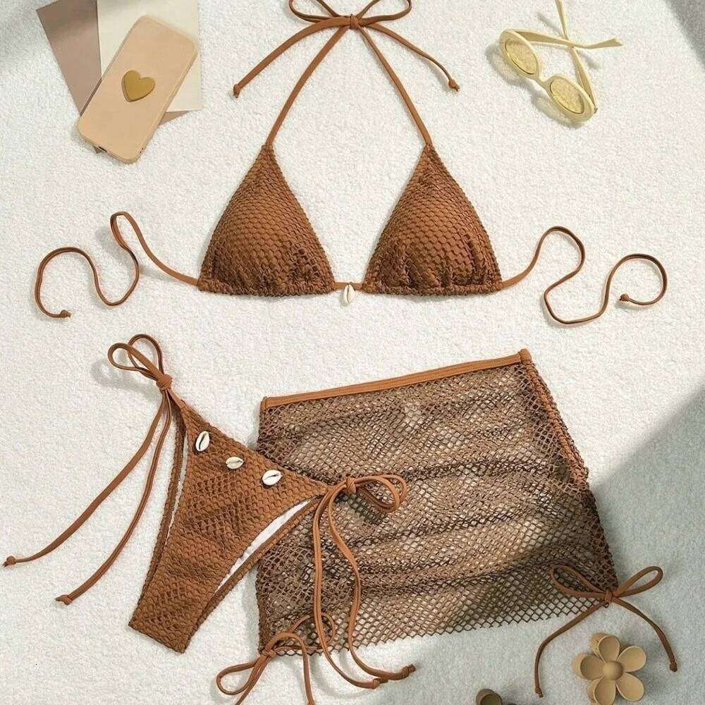 Casual Mesh 3 in 1 Swimwear Set Slim Fit Deep-V Bikini Bathing Suit Beachwear Clothing Lace Up Sleeveless Swimsuit Beach Z260206