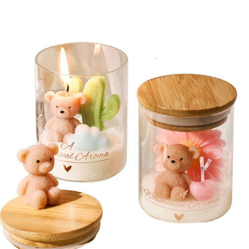 Cartoon Cute Bear Sunflower Cactus Scented Handcrafted Birthday Gift Souvenir Tabletop Atmosphere Decoration Candle Cup S260205