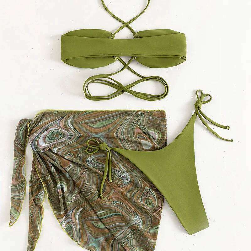 2023 3 Pieces Swimwear Women Sexy Lace Up Micro Bikini Set With Skirt Female Print Low Wais Swimsuit Beachwear Bathing Suit XJ260206