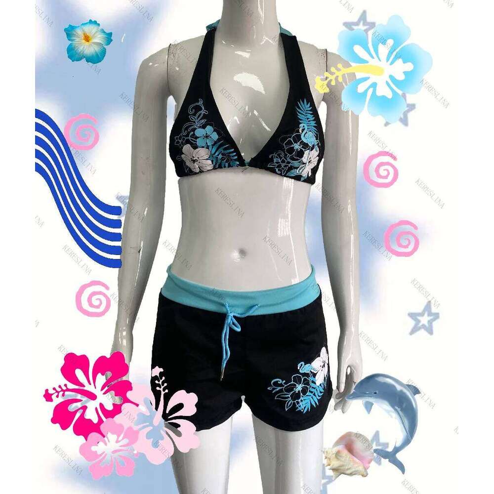 Y2k Vintage Flower print Cutie 2 set Bikini Swimsuit Sexy Women Bathing Fashion Halter Strap Swimwear High Street Beach Female Z260206