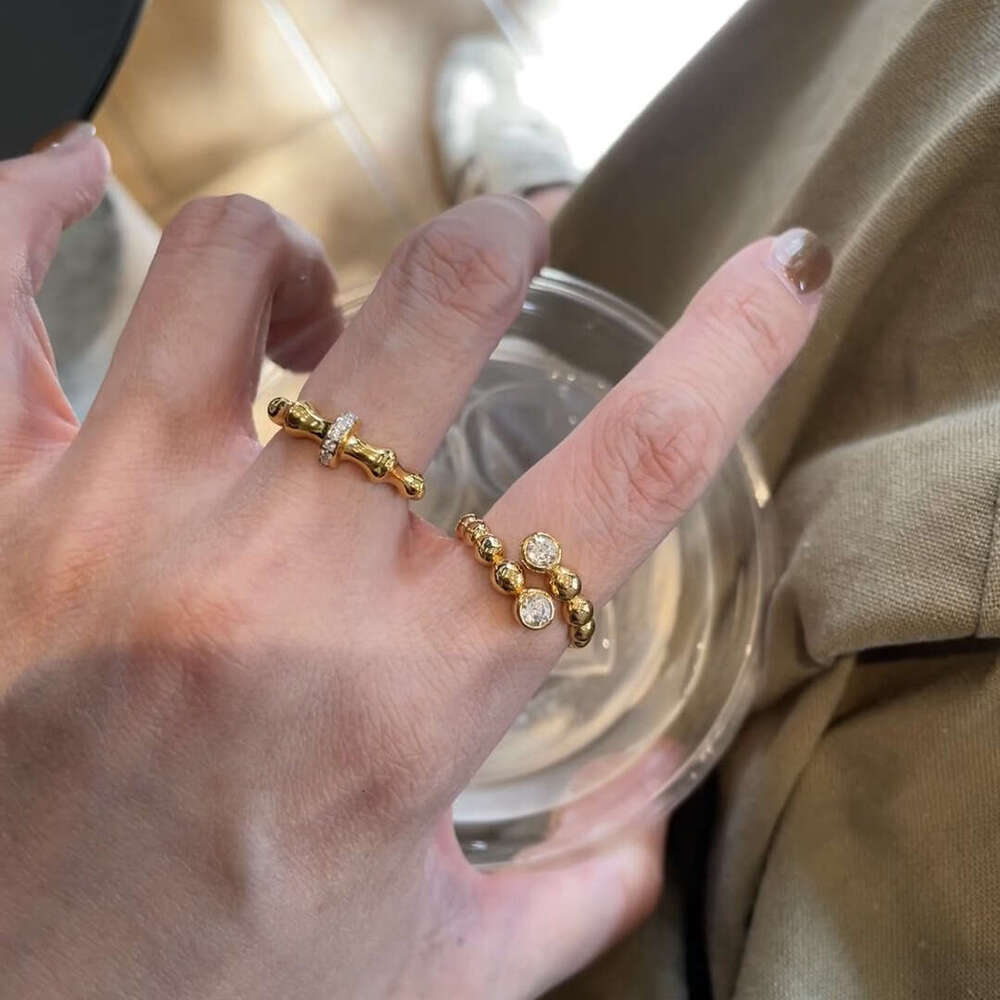 Vintage Brushed Retro Full Diamond Elegant High-end Light Luxury Beaded Lace Bamboo Joint Ring for Women