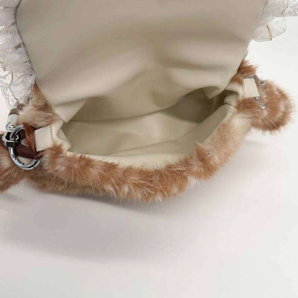 2025 Winter New Lace Bow Plush Bag for Women Cute Dots Soft Buckle One Shoulder Underarm Bags Shopping All-Match Messenger Packs Y260205