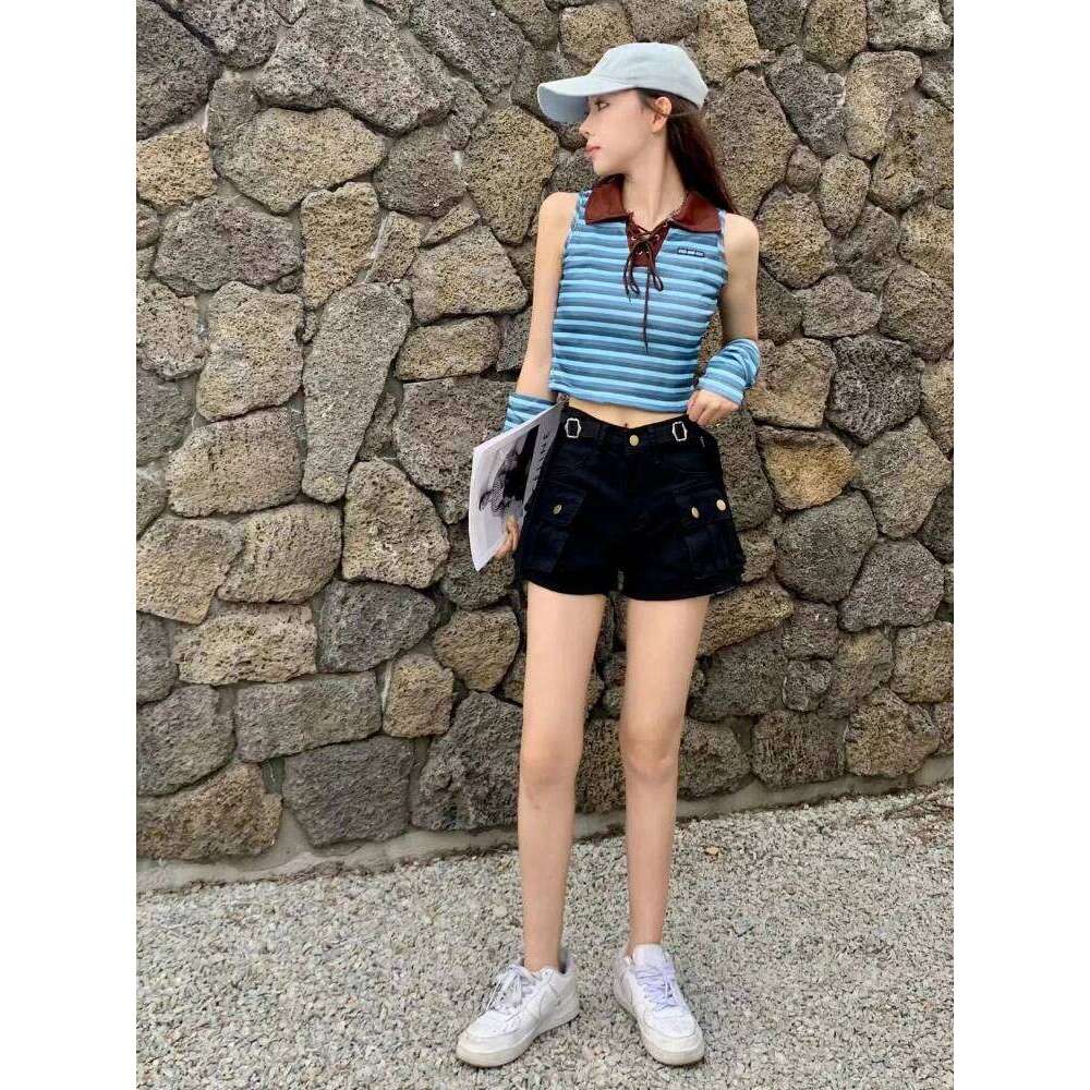 Cargo Denim Shorts Women High Waist Big Pockets Safari Style Feminino Stylish College American Retro Streetwear Youthful C260206