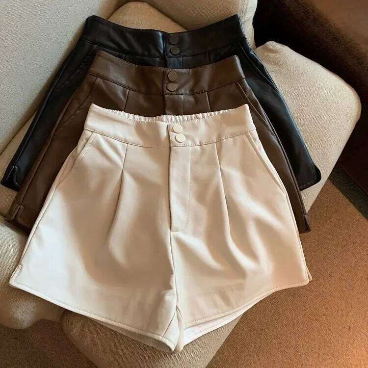 High Waist Black PU Leather Shorts Women's Casual Style Slimming Loose Wide Leg Short Pants Spring Autumn Trendy Girl XJ260206
