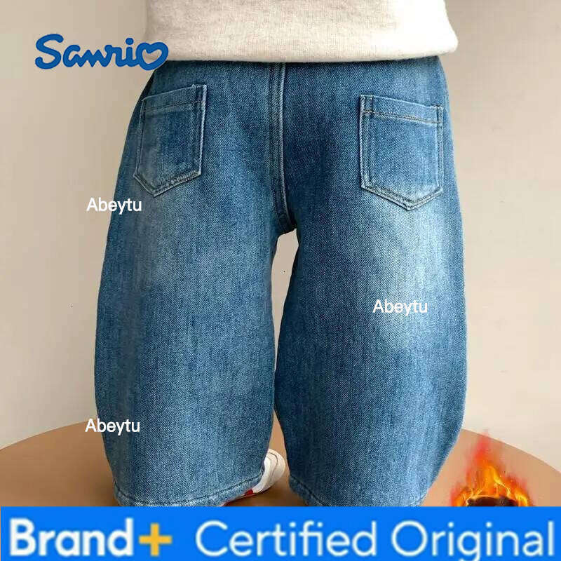 Sanrio Hello Kitty Straight Wide Leg Fleece Lined Jeans for Girls Autumn Winter New Fashionable Kawaii Trousers Kids Clothes H260206