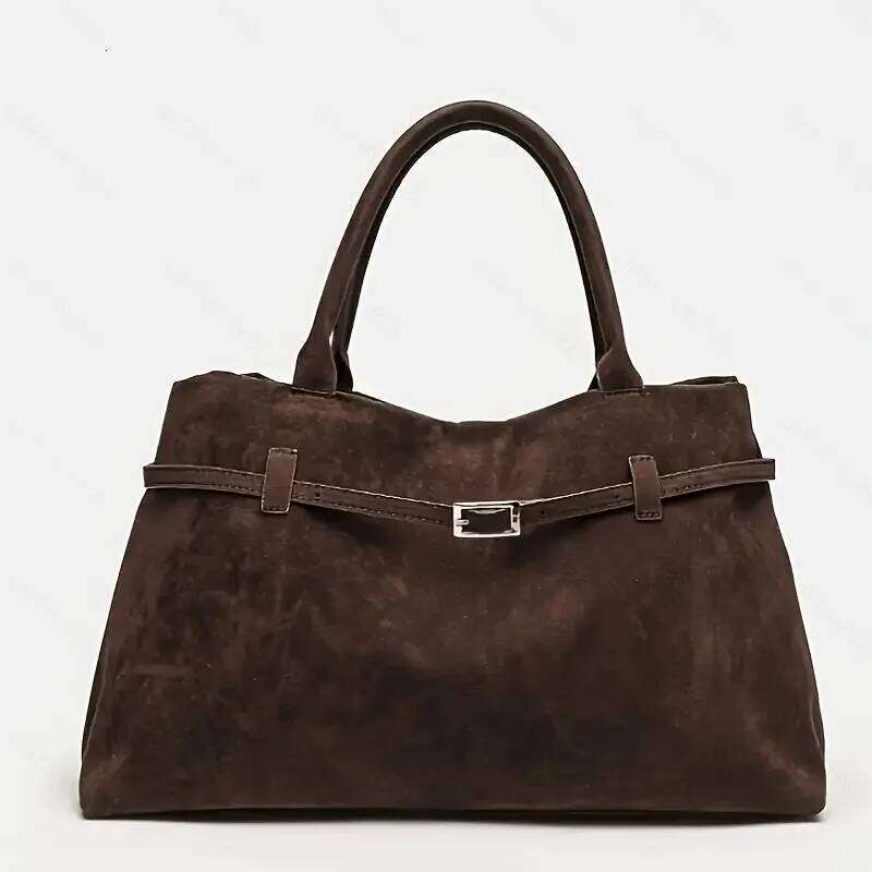 Women's Retro Tote Bag, Elegant Coffee-Colored Faux Suede Handbag, Versatile Shoulder Bag for Commuting and Casual Use Y260205