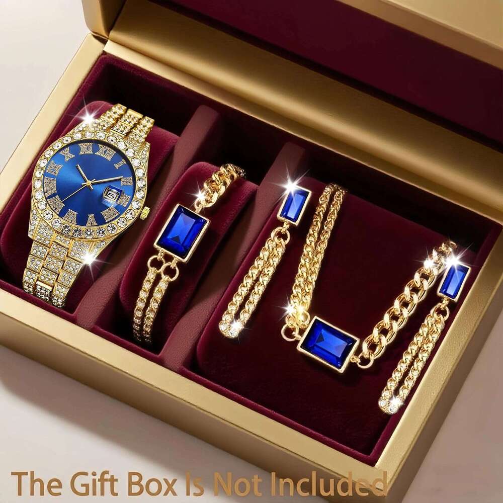 5PCS/Set Luxury Full Diamond Large Dial Women Watches Stainless Steel Band Calendar Quartz Wristwatch Jewelry SetWithout Box Z260206
