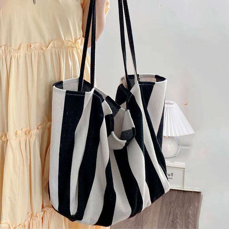 Large Capacity Canvas Top Handle Women's Summer Stripe Simple Ladies Casual Handbag Outdoor Shoulder Bag Y260205