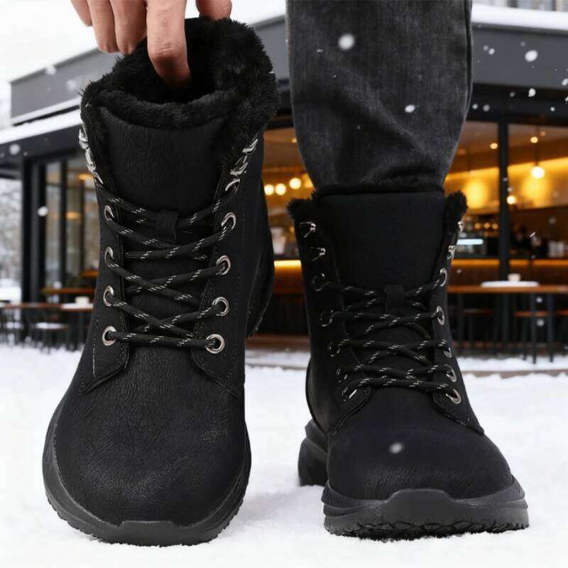 Popular Men's Winter Snow Warm Fur Lined Ankle Non-Slip Platform Boots Fashion Lace-Up Wide Toe Outdoor Sneakers Men