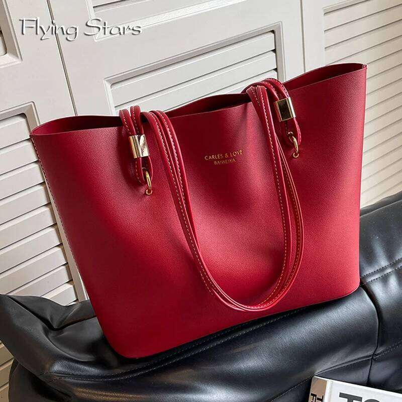 Red Fashion Shoulder Large Capacity Brand PU Leather Luxury Designer Tote Bag Commuter Wedding Party Big Handbag Y260205